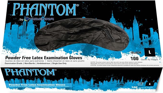 Phantom Black Powder-Free Latex Tattoo Gloves by Adenna in various sizes