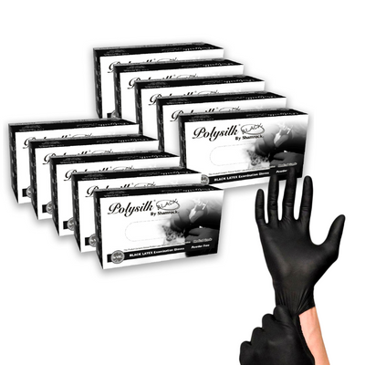 Guantes de tatuaje de látex negro PolySilk sin polvo - Caja de 10 cajas (1000 piezas)