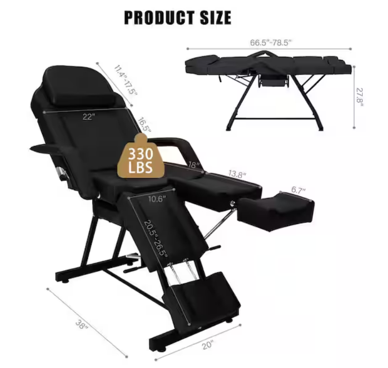 Cama de masaje estacionaria para tatuajes con taburete gratuito, color negro