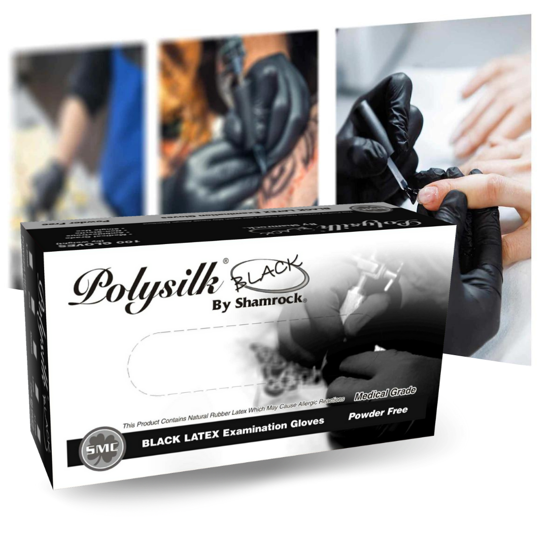 PolySilk Black Latex Tattoo Gloves Powder Free - Case of 10 Boxes (1000 pcs)