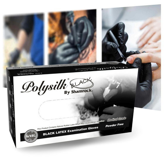 PolySilk Black Latex Examination Gloves Powder-Free By Shamrock-Box of 100
