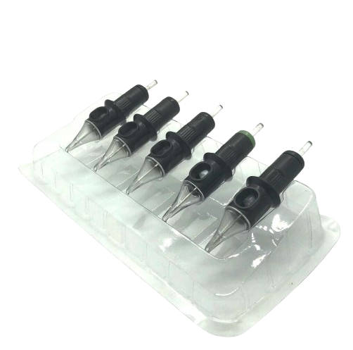 Close-up of disposable tattoo cartridge tray holding 5 cartridges
