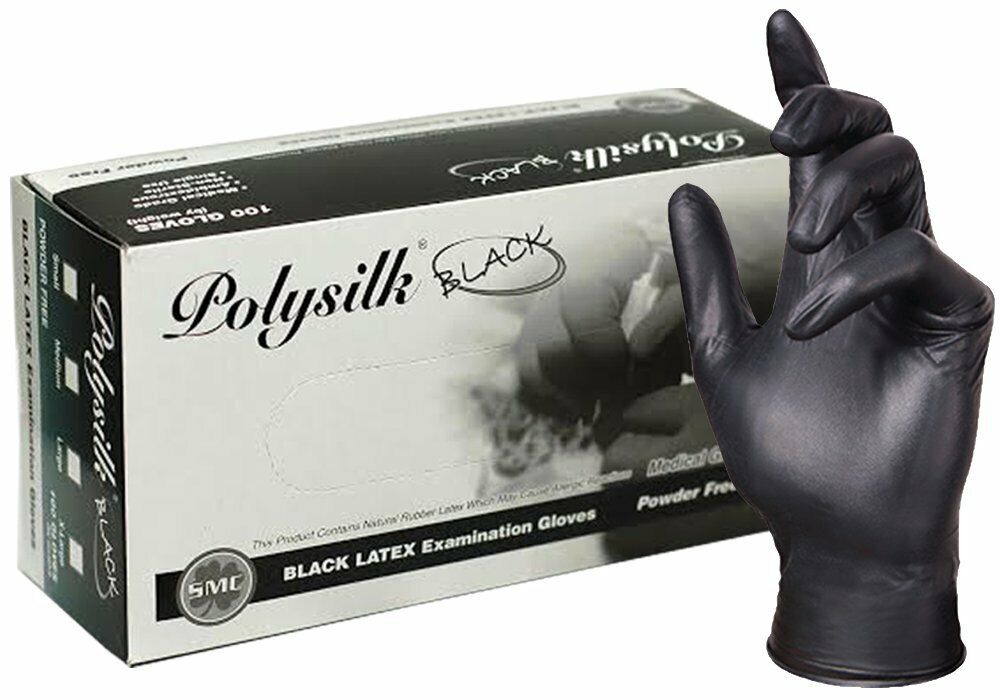 PolySilk Black Latex Tattoo Gloves Powder Free - Case of 10 Boxes (1000 pcs)