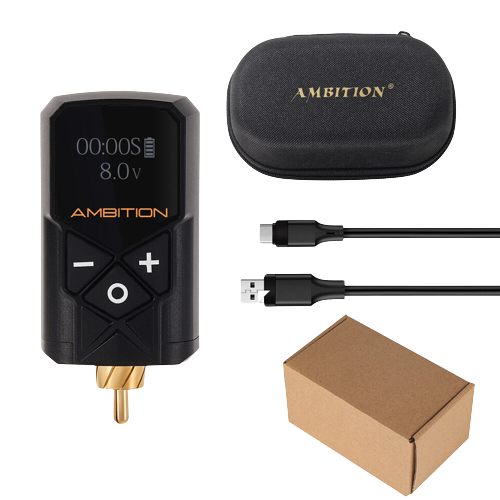 Ambition Tattoo Power Supply with included accessories