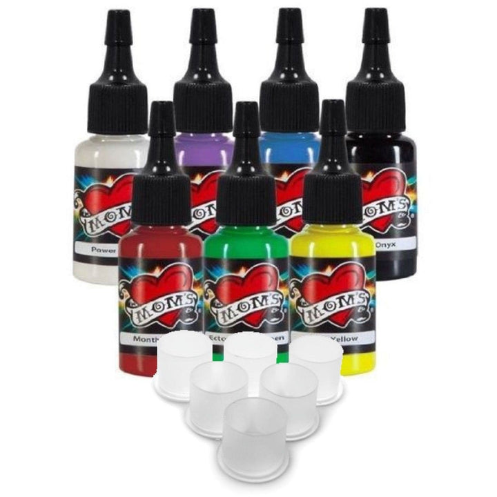 MOMs Millennium Tattoo Ink 7 Color Kit With Free Bag of Small Flat Bottom Caps - Miamitattoosupplies.comTATTOO INK