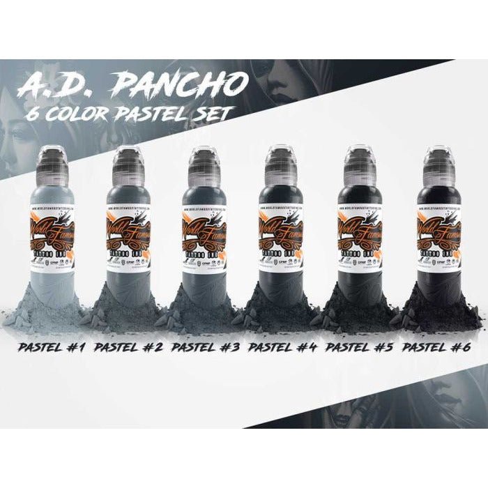 World Famous Tattoo Ink - A.D. Pancho Pastel Greys Set of 6 Bottles - Miamitattoosupplies.comTATTOO INK